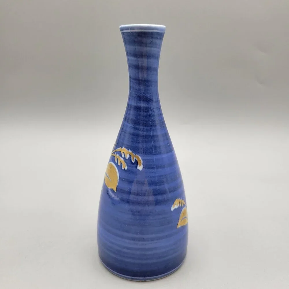 Japanese Porcelain Bud Vase Blue With Gold Floral Design
